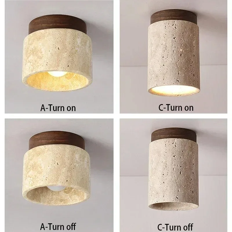Yellow Travertine Led Ceiling Lamp Japanese Wooden Downlight Stone Wood Light Round  For Living Room Corridor Porch Balcony