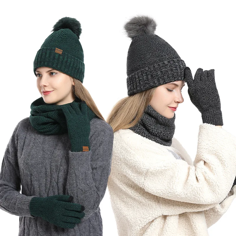 

2025 Trendy Winter Accessories: Knitted Hat Scarf Gloves Combo, Fuzzy Pompom AB Yarn Set, Gift for Mom/Wife