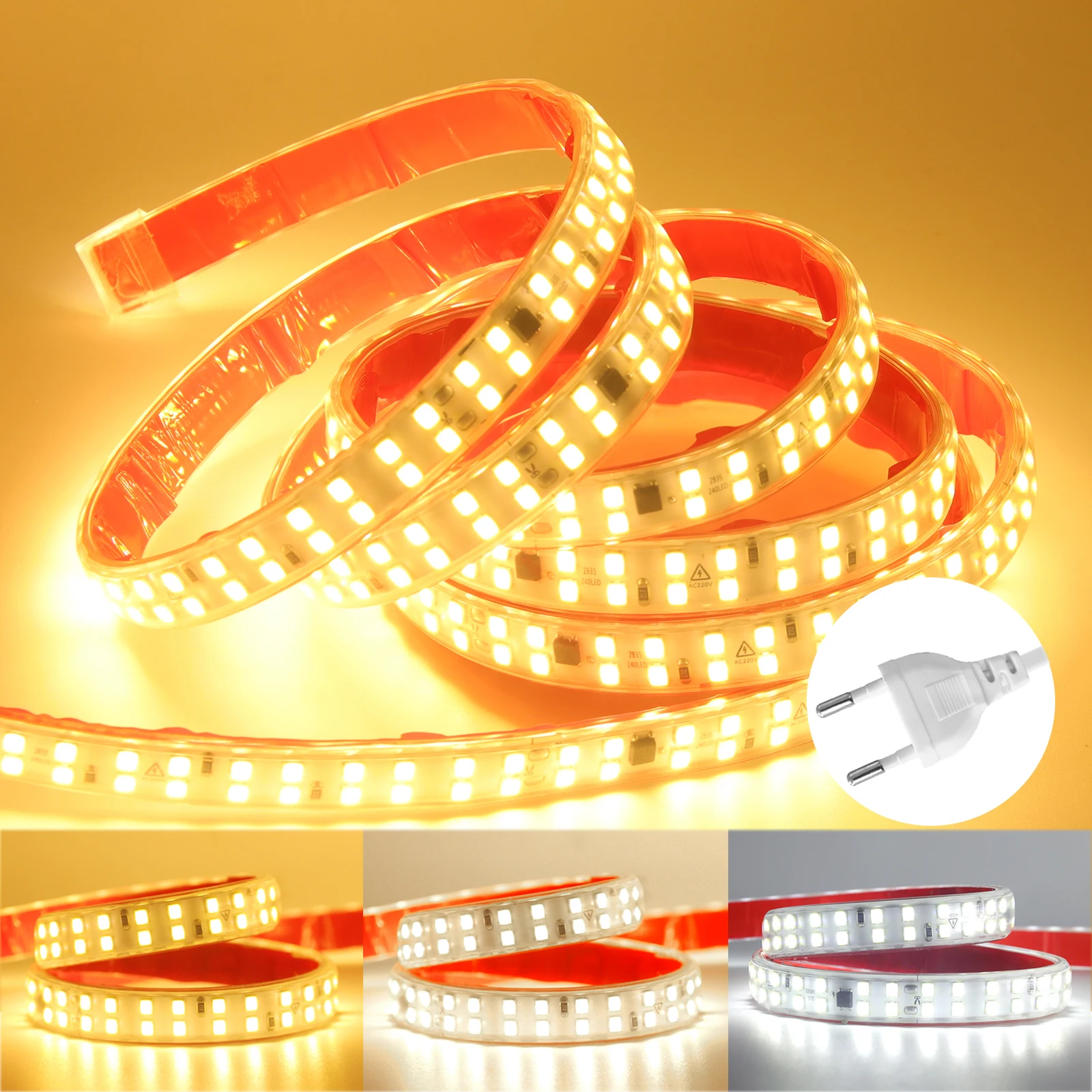 0.5m-30m LED Strip with Plug 220V Double Row 2835 Adhesive LED Light Strip 240LEDs/m Flexible Cuttable Outdoor Courtyard Decor
