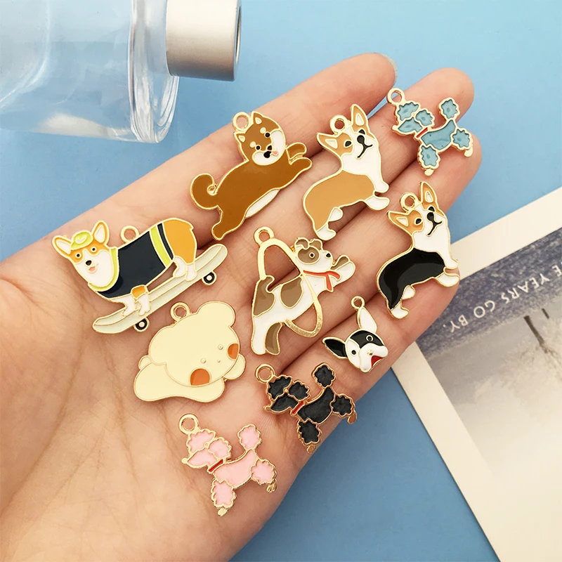 10pcs/Lot Cute Delicate Dog Corgi Enamel Charm Mix26pcs Animal Pendant Necklaces Earrings DIY Jewelry Making Craft Accessories