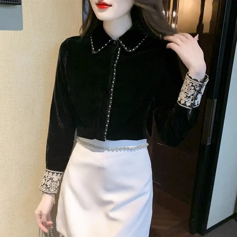 Women Vintage Elegant Chic Lace Patchwork Rhinestone Beaded Golden Velvet Shirts Autumn Winter Trendy Black Long Sleeve Blouses