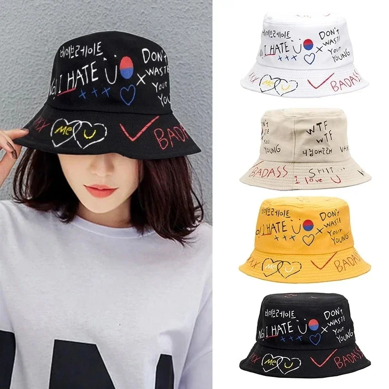 Unisex Summer Graffiti Bucket Hats For Women Men 2022 Harajuku Panama Hip Hop Caps Girls Bob Fishing Black Sun Fisherman Hat