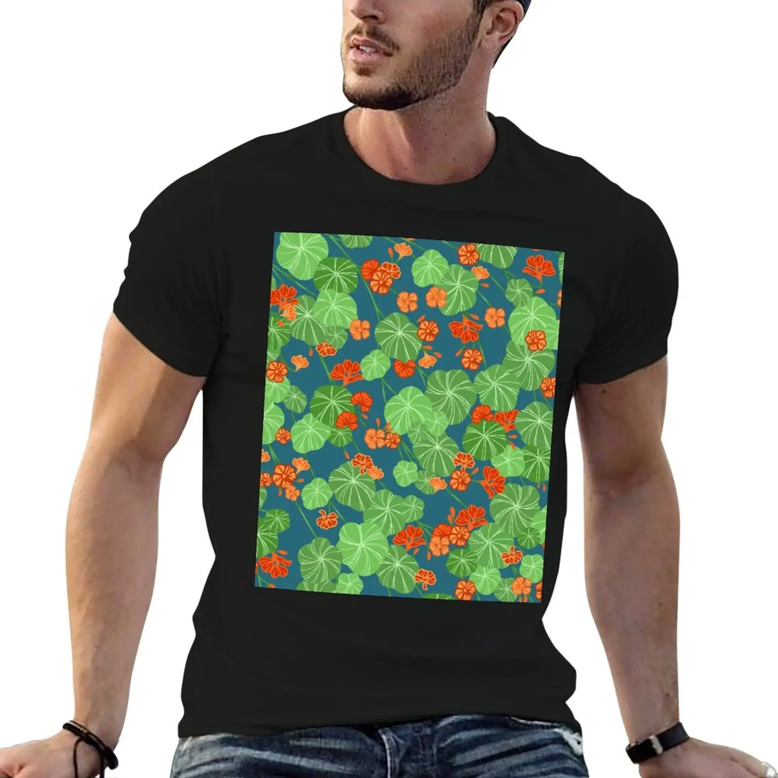 

Nasturtium Fabric Design T-Shirt rapper graphic tees blue archive men t shirt
