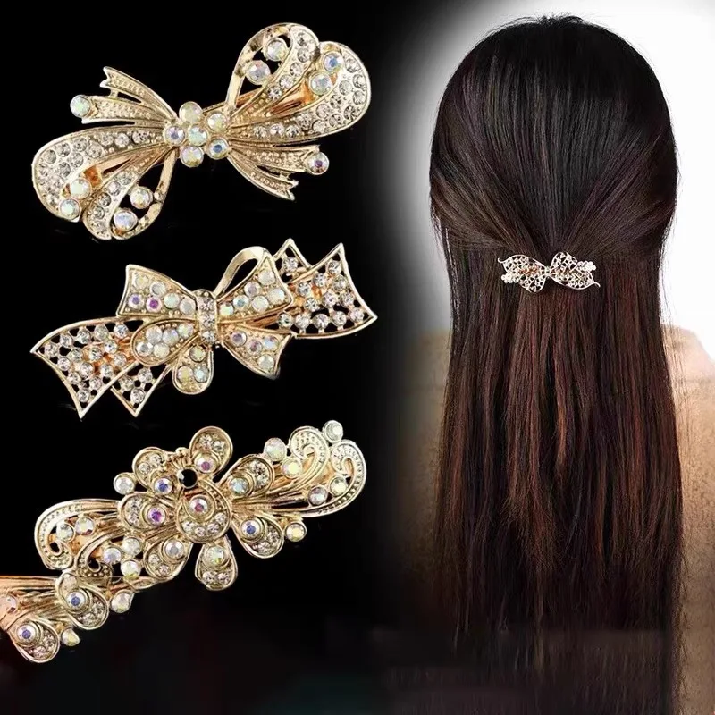 Korean Crystal Flower Bow Spring Hairpin Vintage Ink Blue Rhinestone Horizontal Clip Top Clip Elegant Mom Fashion Hairpin