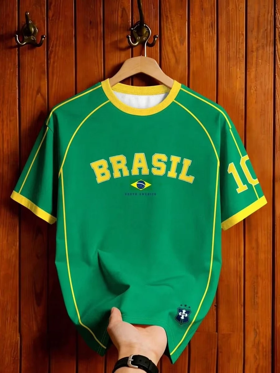 Brazil Football T-Shirt Soccer Jersey Retro Print Breathable Quick Dry Training Fan Sport Short Sleeved Top Tees Chic Clothes