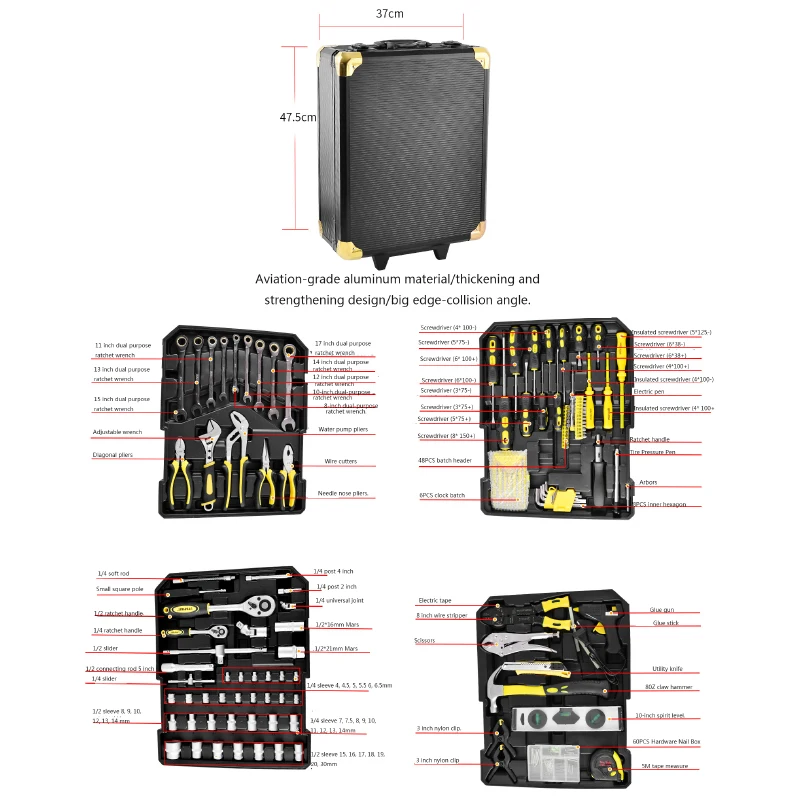 186-Piece Household Boutique Tool Set Auto Repair Combination, Aluminum Alloy Repair Tool Box Manual Hardware Tools