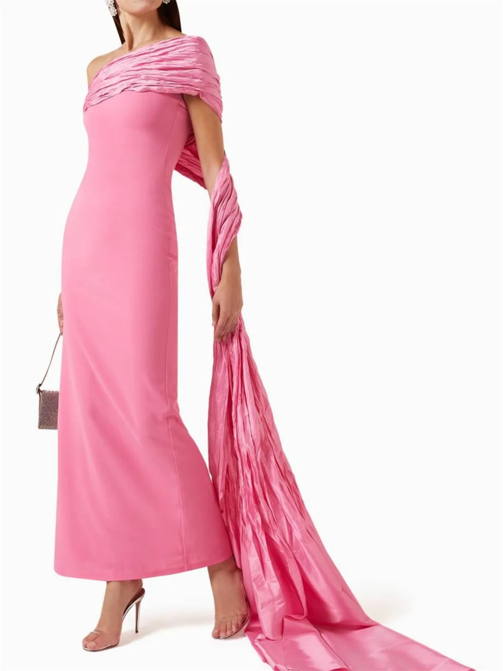 فستان سهرة مخصص من Contessa فستان حفلة موسيقية أنيق رومانسي وردي بدون أكتاف فستان رسمي مع ذيل شال من الساتان لضيف الزفاف