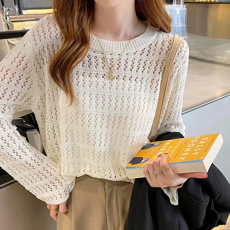 Summer Autumn Casual Ladies Elegant Hollowed Out white Tops Female Fashion spring loose Knitted Mesh thin Pullover Women sweater