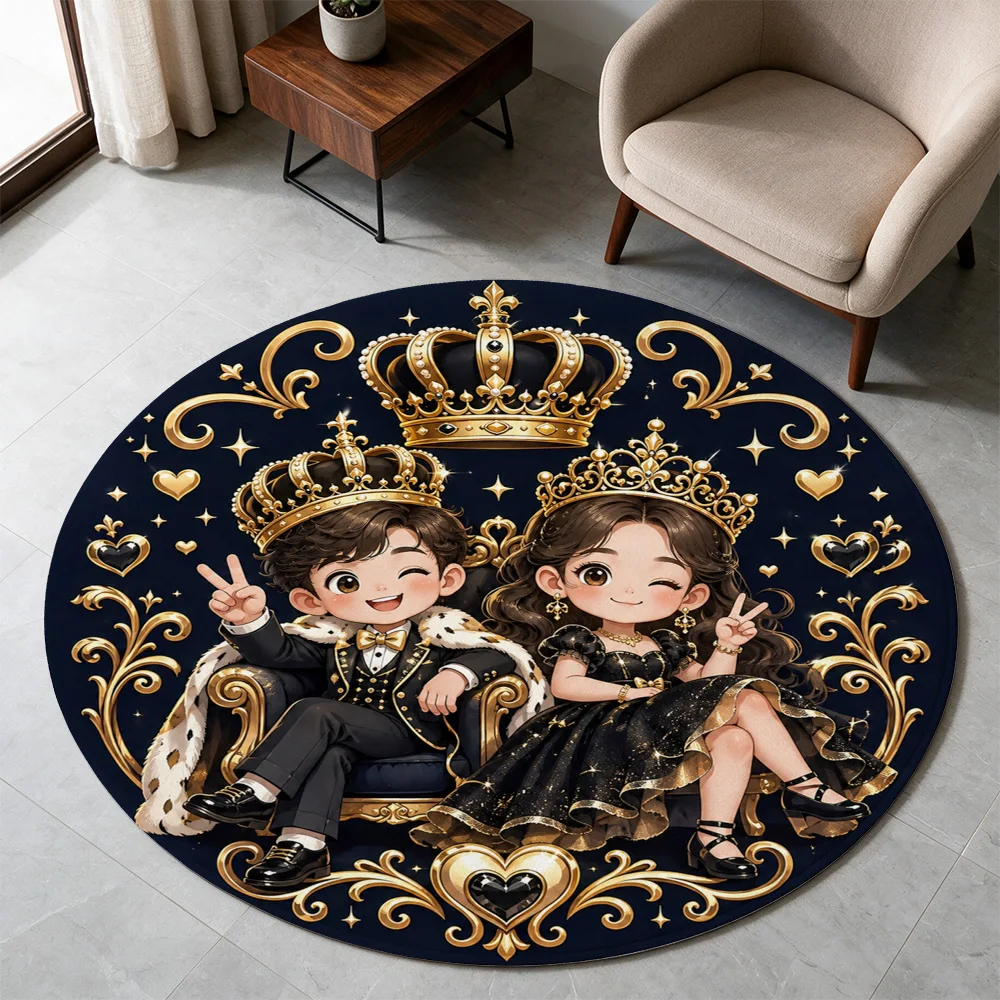 Cute Cartoon Princess and Prince Royal Throne Area Rug for Kids Playroom Nursery Decor Floor Mat