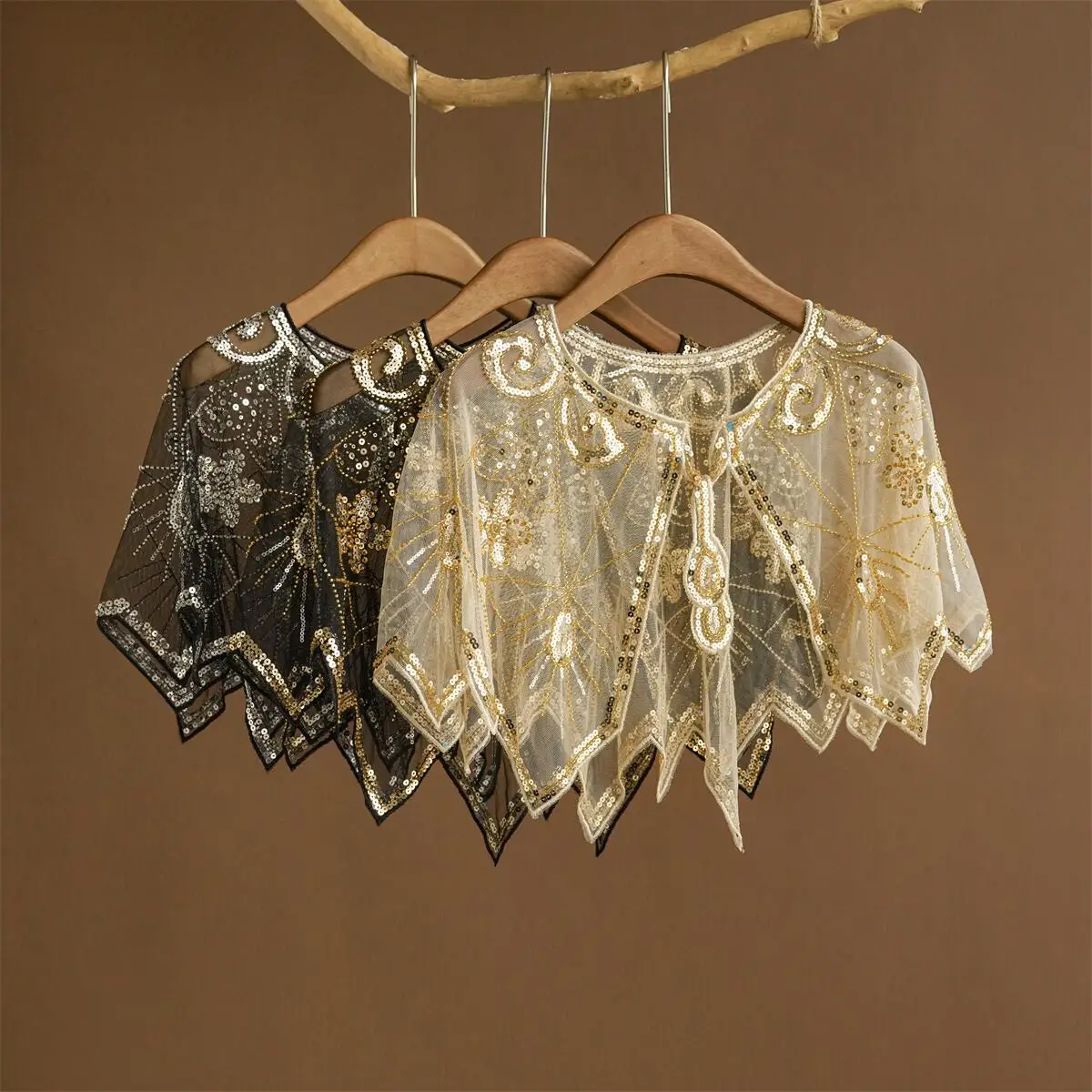 1920s Sheer Lace Flapper Shawl Elegant Vintage Sparkly Beaded Sequin Cape Boho Evening Women's Dress Outerwear Shawl