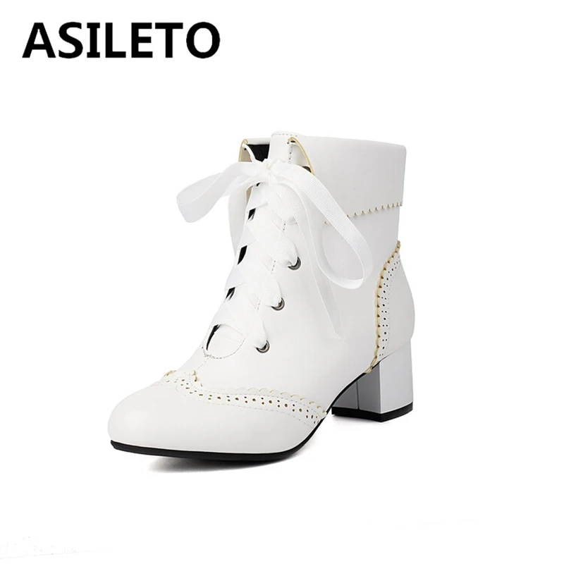 ASILETO Women Ankle Boots Cutout 5cm Sqaure Heel Flat Lace Up Big Size 31 32 33 40 41 42 43 45 US14 Party Ankle Booties Autumn