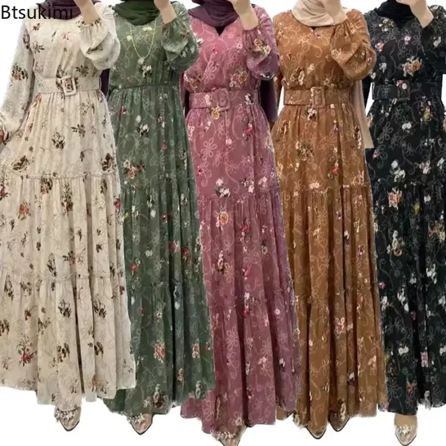 Robes musulmanes à imprimé floral pour femmes, robe maxi à manches longues, caftan de Dubaï, robe de soirée élégante, abaya pour femmes, nouvelle