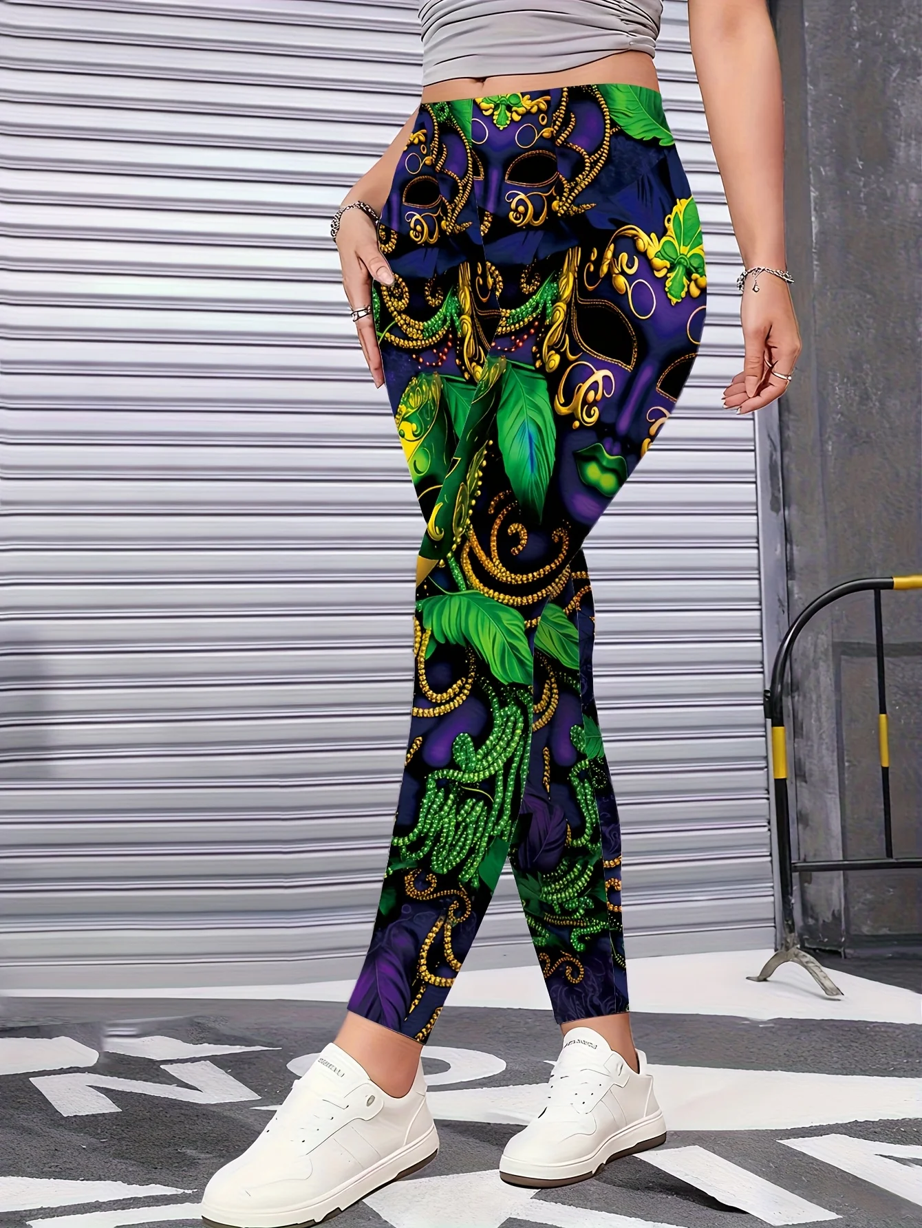 Women's Mid‑Rise Fleece Lined Leggings Mardi Gras Mask Feather Print Stretch Slim Warm Ladies Casual Pants