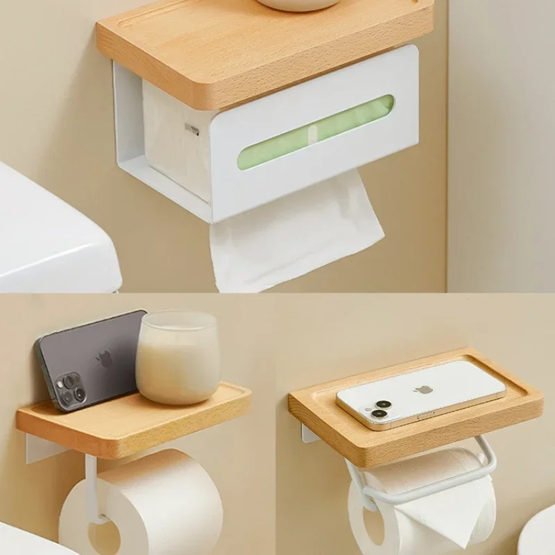 1 Pc Wall Mounted Solid Wood Tissue Holder Space Aluminum Hook Paper Roll Storage Rack Toilet Accessories Punching Installation