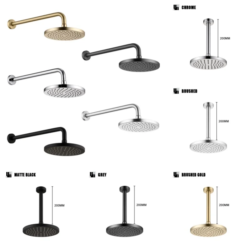

Chrome Round 8 inches ABS Grey Rainfall Shower Head Bathroom Accessory Wall Mounted Shower Arm Accessories Brushed Gold