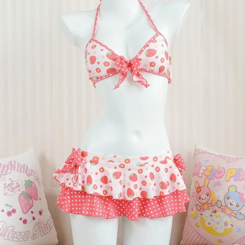 

American Sexy Bikini Skirt Sets Women Beachwear Vintage Dot Sweet Strawberry Print Halter Bow Bodycone Kawaii Swimsuit Summer