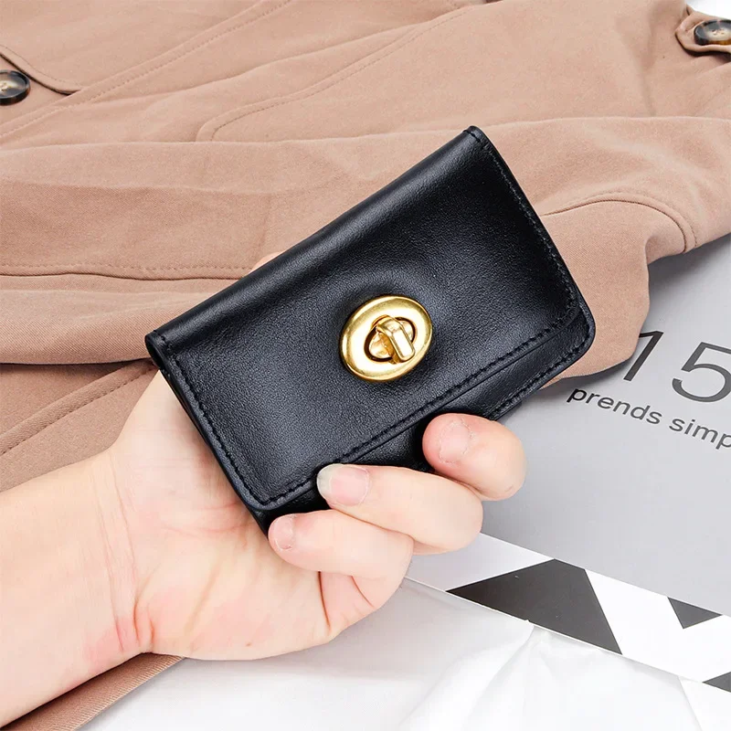 2023 New Style Simple Lock Clasp Card Holder for Women Fashion Ladies Coin Purse Genuine Cow Leather Slim Storage Bag 2061