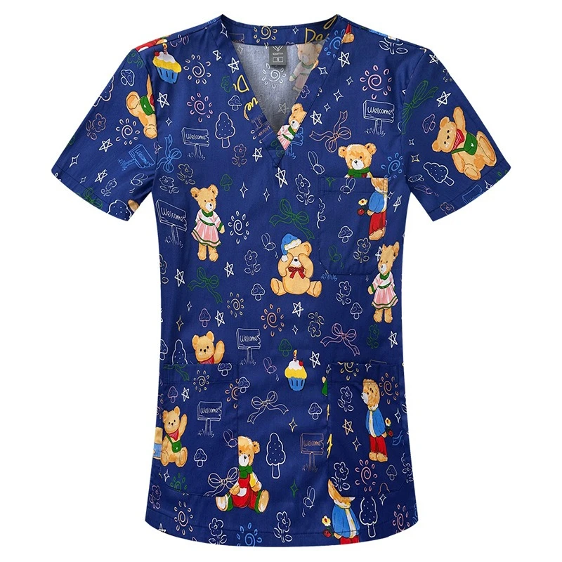 멀티 만화 인쇄 의사와 간호사 여성 v 넥 반팔 티셔츠 탑 바지 수술복 작업복 정장
