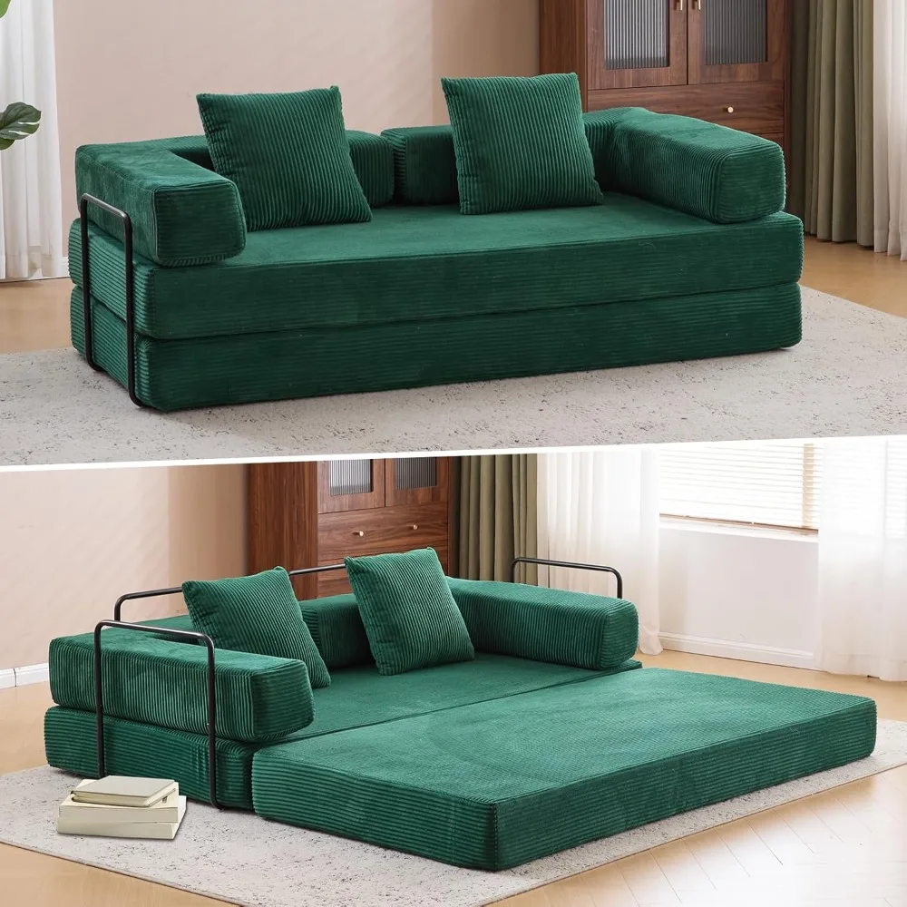 Folding Sofa Bed, Convertible Sleeper Bed Corduroy Floor Couch with Pillows, Fold Out Couch, King Size Bed Futon Couchs