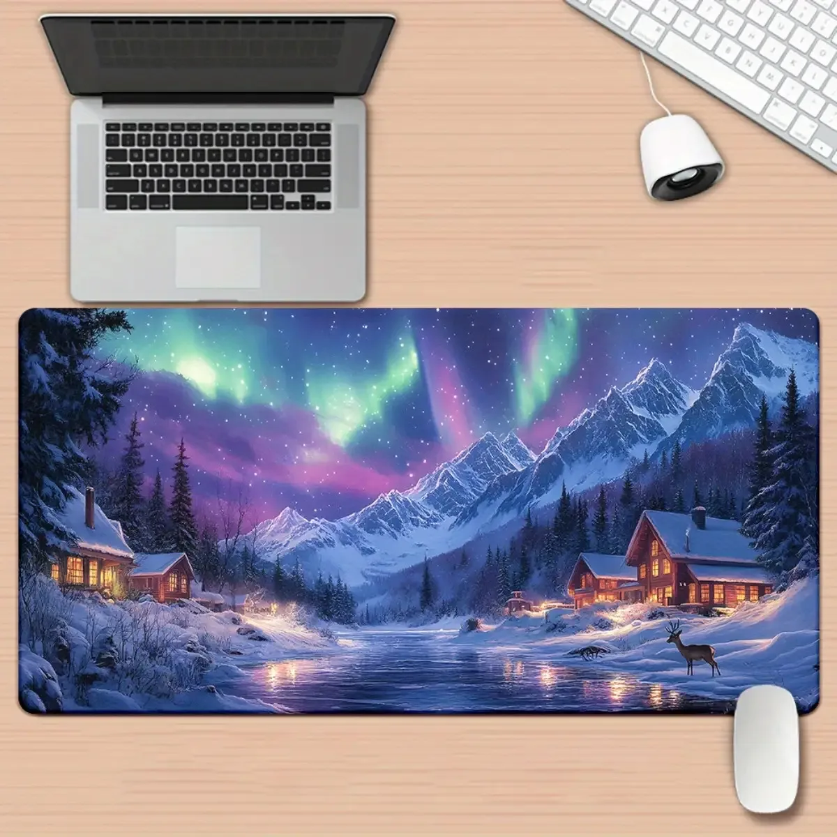 

Коврик для мыши с изображением северного сияния и зимней хижины, удлиненный, нескользящий, резиновый, для игрового стола, ПК и офиса