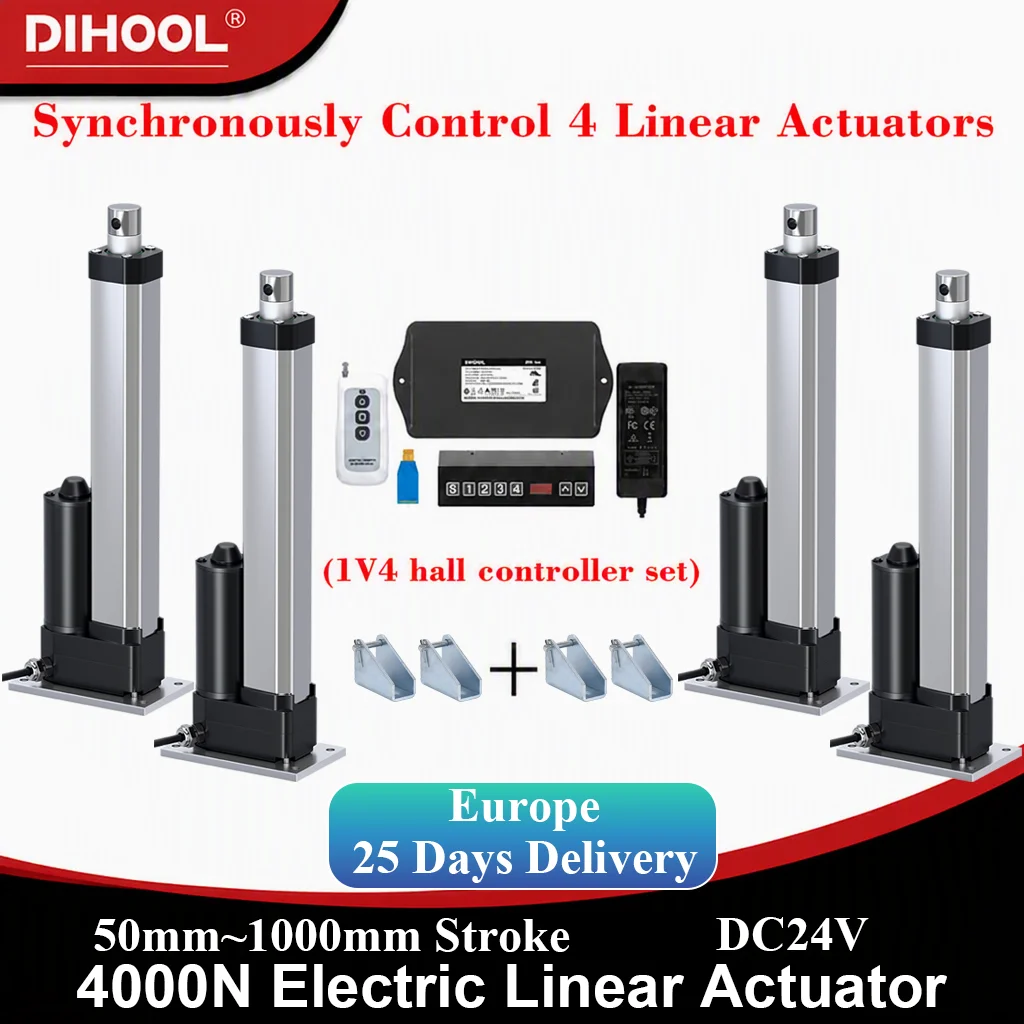 4000N 4Pieces Linear Actuator with Synchronous Control Hall Controller Set DC24V 200kg~400kg Load 50mm~1000mm Stroke 90W Motor
