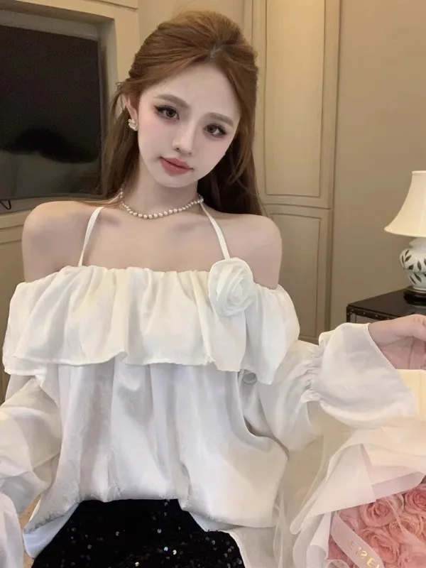 

Elegant Pure Desire Lace Trim Bubble Sleeve Satin Shirt Women's Autumn Fashion One Shoulder Hanging Neck Top Beautiful Shirt