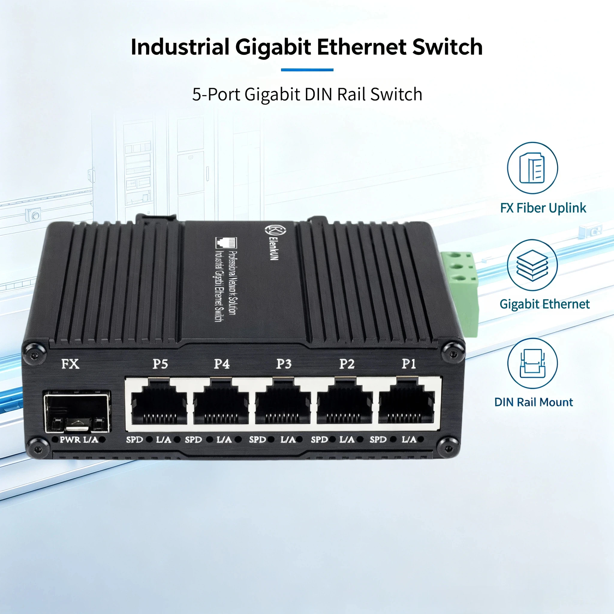 Industrial 5 Ports Gigabit Ethernet Switch with 1 SFP 5-Port 10/100/1000Mbps RJ45 Switch Din Rail Mount 1000M SFP Fiber Switch