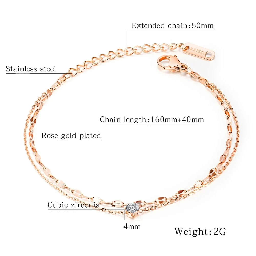Double-Layer Women\'s Bracelet Cubic Zirconia Adjustable Chain Link Rose Gold Silver Color for Anniversary Party Sister Jewelry
