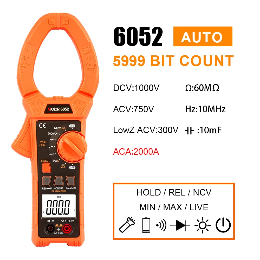 Victor 6052 Digital Clamp Meter 6000 Counts LCD 2000A Current Voltage Frequency Capacitiance Measuring Instrument