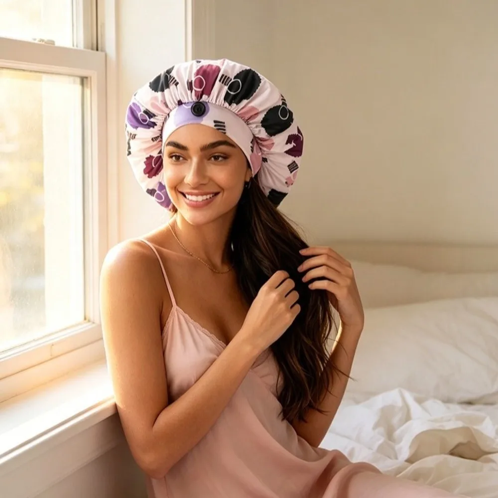 Ice Silk Heatless Curl Bonnet Elastic Band Printed Hair Care Wrap Satin Material Long Tube Design Satin Sleep Cap For Sleeping