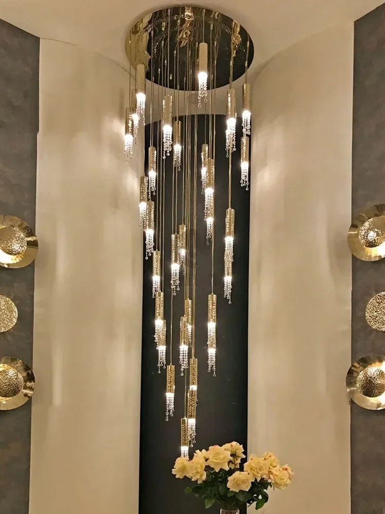 Modern Led Living Room Hall Loft Hanging Lighting Indoor Ceiling Lustre Fixtures Light Luxury Crystal Large Staircase Chandelier