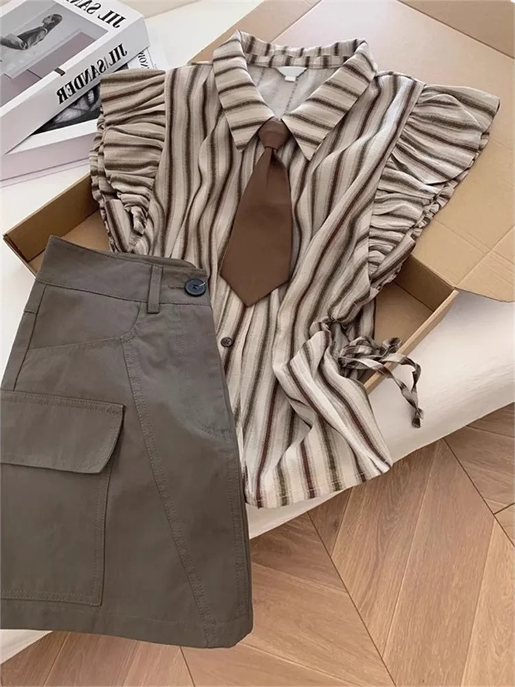 

Корейская женская летняя юбка для отдыха в стиле ретро с высокой талией, модная юбка в полоску для колледжа, комплект из двух предметов