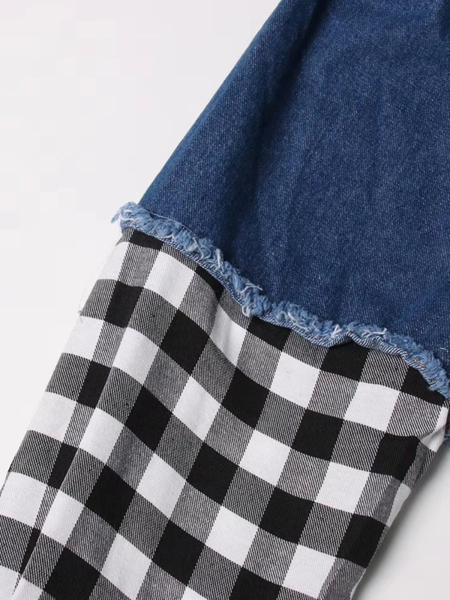 CHICEVER-Veste en jean à carreaux pour femme, blouson à manches longues, avec revers, style décontracté, à la mode