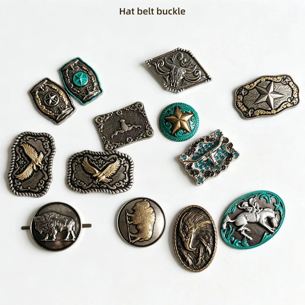 Vintage Western Cowboy Hat Belt Buckle Metal Conchos Ornament Star Eagle Horse Pattern Decorative Button for Hat Band Leather