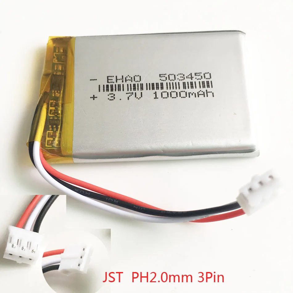 Akumulator litowo-polimerowy LiPo 3,7 V 1000 mAh 503450 Wtyczka JST PH 2,0 mm 3-pinowa do głośnika nagrywarki MP3 DVD PAD