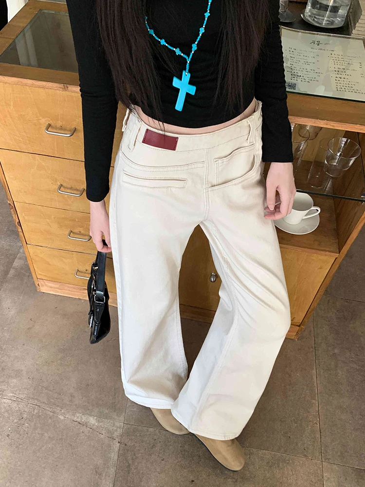 ReddaChic Distressed White Straight Jeans for Women Korean Baggy Irregular Offset Waist Cleanfit Denim Pants Trendy Streetwear