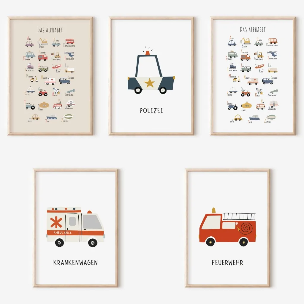 1pc frameless Canvas Painting Colorful Vehicles Alphabet Canvas Painting Cartoon Lovely Poster Fire brigade Police Ambulance Wal