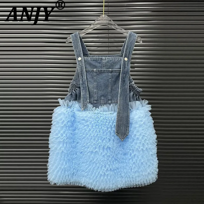 

ANJY, новое летнее женское короткое платье, плиссированное сетчатое лоскутное джинсовое платье без рукавов контрастного цвета, милые уличные комбинезоны A8758