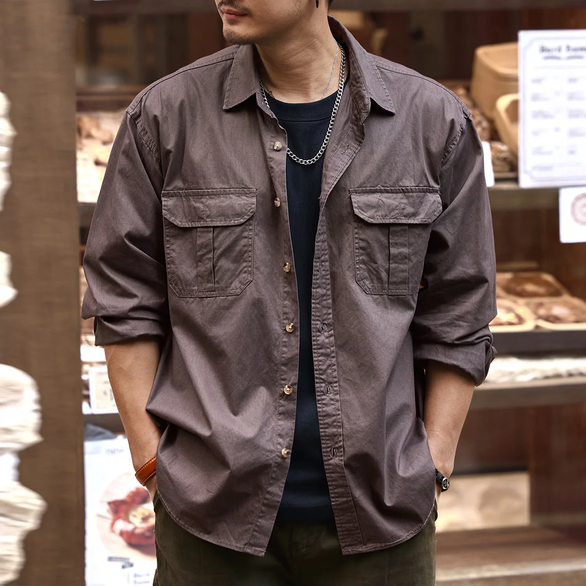 Spring and Autumn's new high-end retro shirt men's loose Japanese-style casual lapel shirt jacket