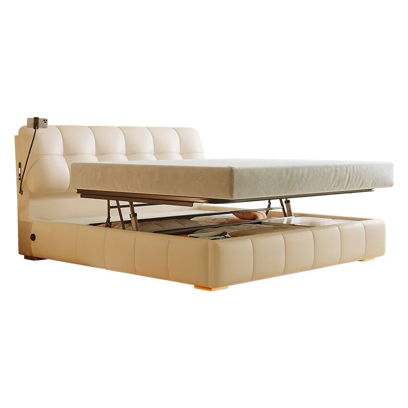 Cream wind puff bed cloud double master bedroom soft bag bed box storage electric translation storage leather bed