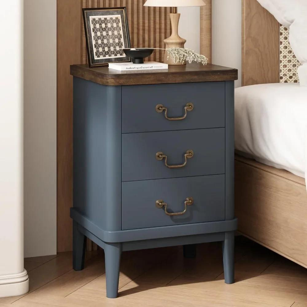 

Farmhouse Nightstand with 3 Drawers，Modern Bedside Table with Round Curved Corner and Metal Handles, Wood End Side Tabl