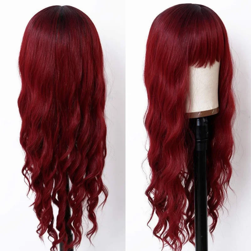Women's pink long curly hair with big waves and air bangs, full head wig - view 2