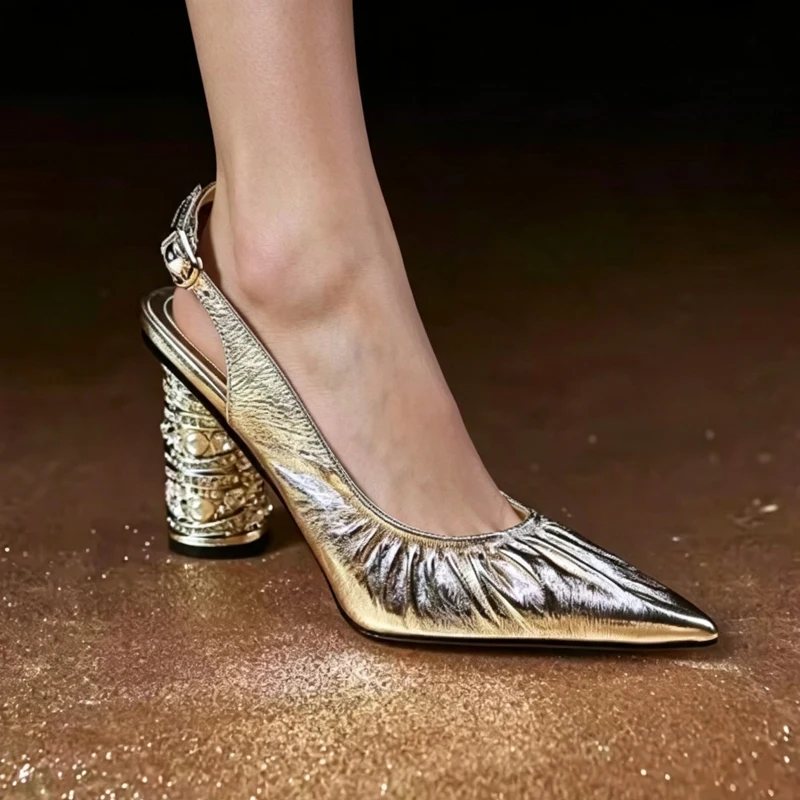 Women's New Summer Genuine Leather Cowhide Pearl Gold-Plated High Heels with Toe Caps, M ü Ller Shoes, Star Style Sandals