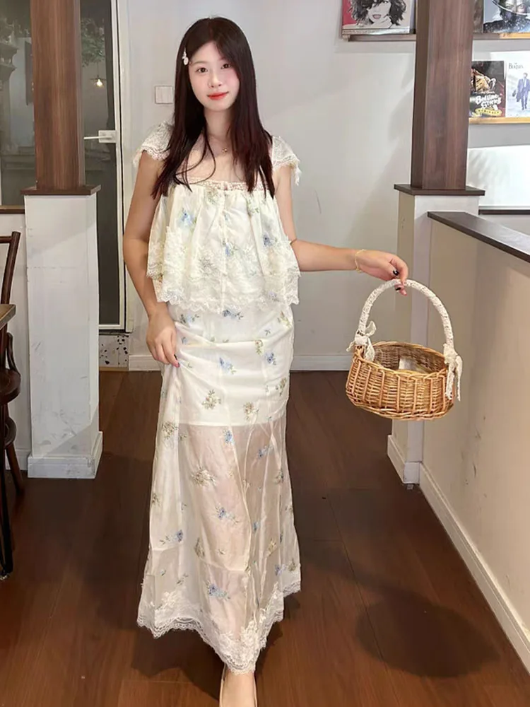 HH Donna Estate Moda Dolce Pizzo Ricamato Fiore Della Bretella Breve Top Senza Maniche + Vita Alta Temperamento Gonna Lunga Set Mujer