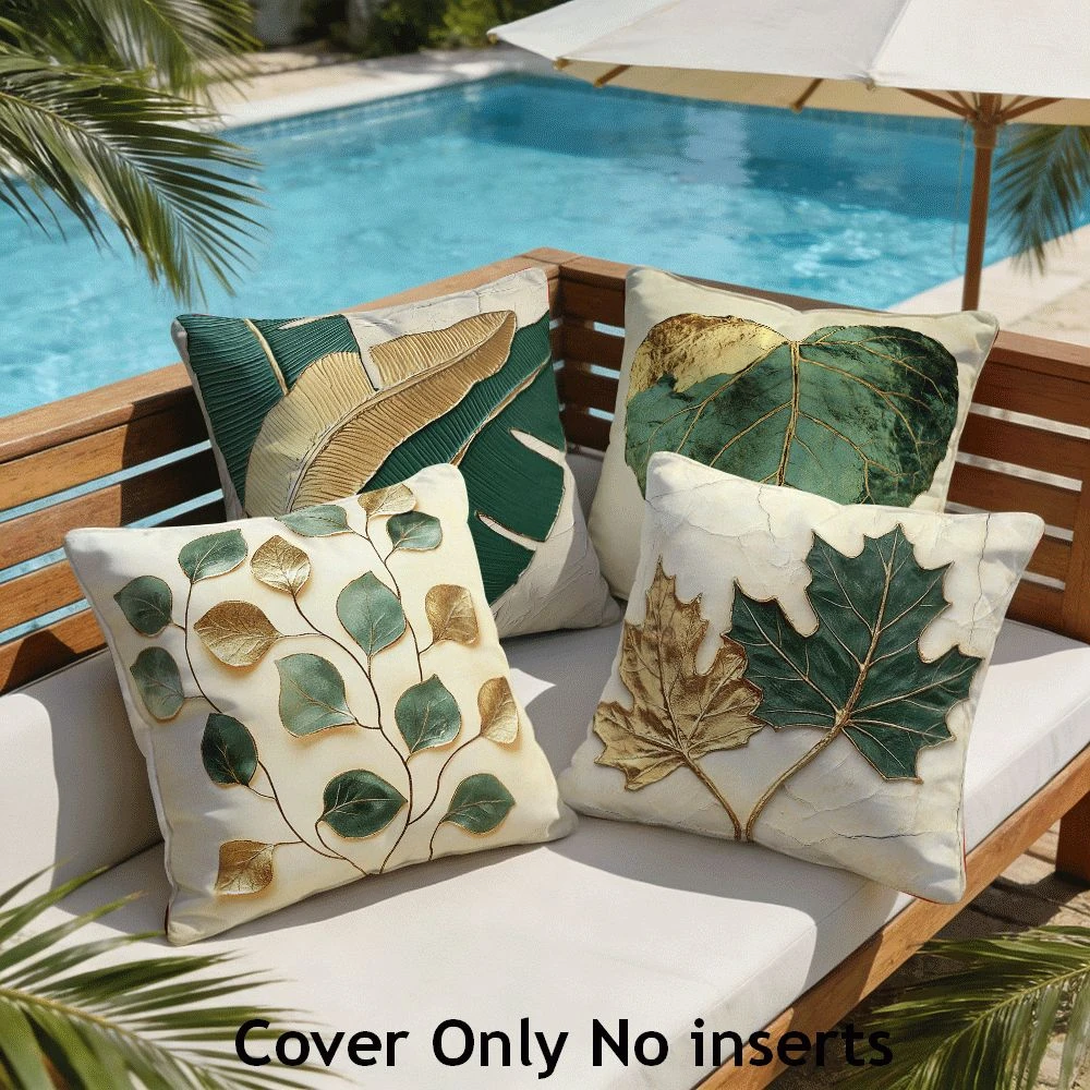 1PC 2D Flat Green Gold Tropical Leaves Throw Pillow Covers Modern Botanical Decorative Cushion Cases for Home No Pillow Core