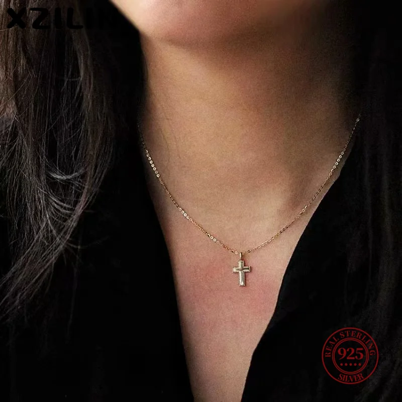 

XZiLin Mini Inlay Zircon Cross Pendant S925 Sterling Silver Necklace for Women Exquisite Sweet Wedding Party Jewelry Accessories