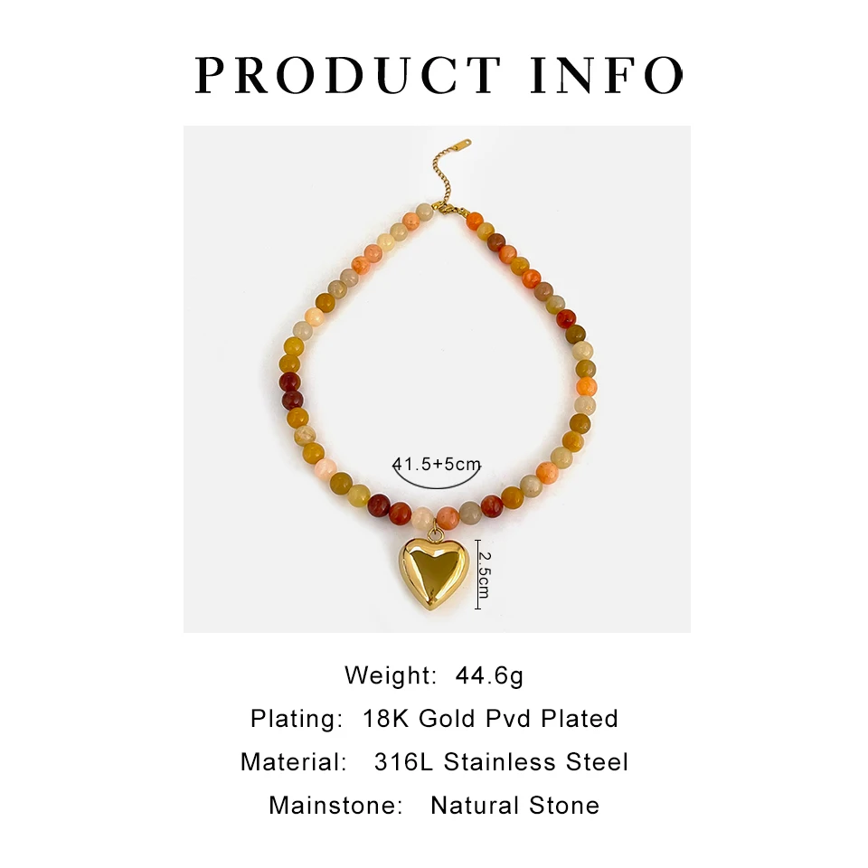 Peri\'sbox Bohemia Multi-color Natural Stone Handmade Beaded Chain Waterproof Trendy Gold Plated Heart Pendant Necklace for Women