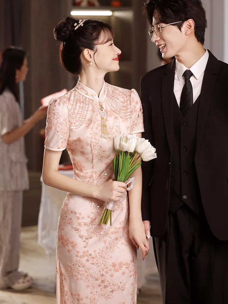 

Pink Wedding Dr Vintage Sle ort Sve Mid-Length Gown for Wedding Banquet Performance And Daily Wear