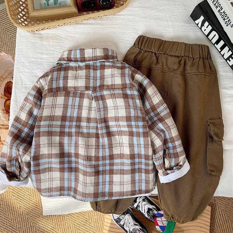 Boys 3 Piece Set Spring Autumn Clothing Suit Long Sleeved T-shirt Checkered Shirt Ankle-length Pants Kids Set Outfits Boys 1-5 Y