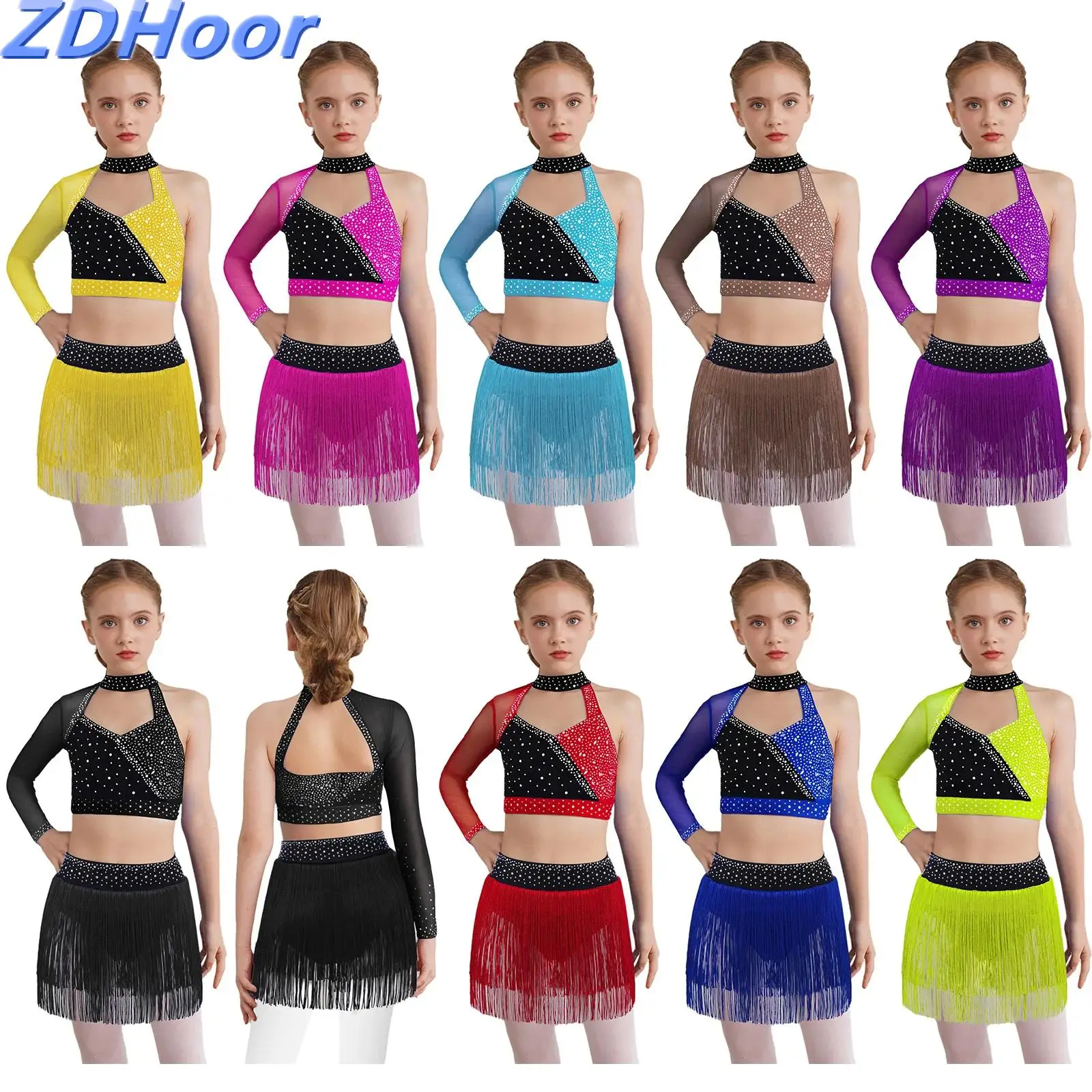 

Kids Girls Sheer Mesh Latin Outfit Long Sleeve Cutout Back Shiny Rhinestones Color Block Crop Top with Tassel Briefs Skirt